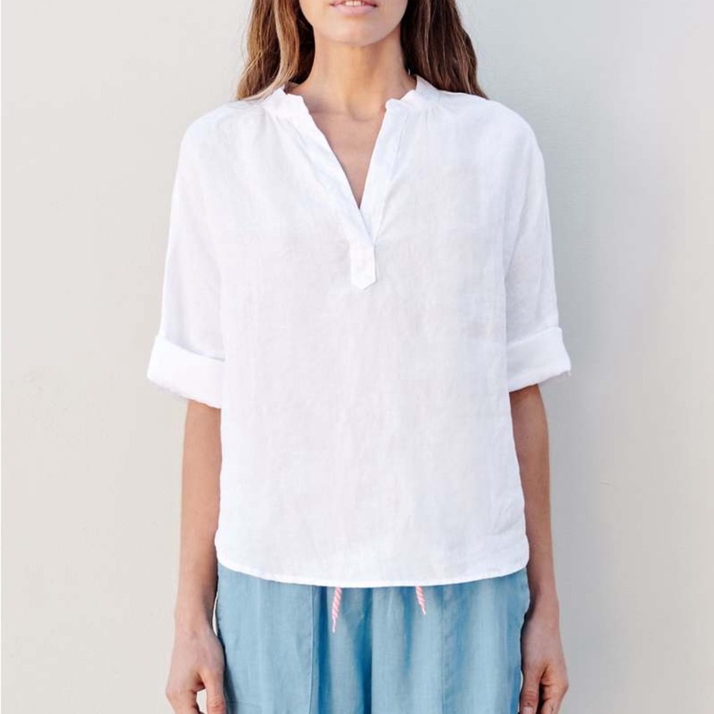 Sundry Short Rolled Sleeve 100% Linen Popover Blouse Shirt White Size 1 Small